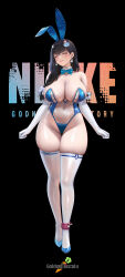 1girl absurdres animal_ears artist_name bare_shoulders black_background black_hair blue_bow blue_bowtie blue_footwear blue_leotard bow bowtie braid braided_ponytail breasts cleavage collarbone commentary_request copyright_name covered_navel detached_collar earrings elbow_gloves fake_animal_ears gloves goddess_of_victory:_nikke goldenmiocola hair_ornament hair_over_shoulder highres huge_breasts jewelry leotard long_hair mary_(medical_rabbit)_(nikke) mary_(nikke) meme_attire multicolored_leotard navel nontraditional_playboy_bunny playboy_bunny rabbit_earrings rabbit_ears rabbit_hair_ornament shoes simple_background thighhighs translucent_bunnysuit two-tone_leotard variant_set white_gloves white_thighhighs