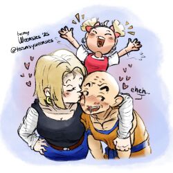 1boy 2girls android_18 bald bald_male blonde_hair blush couple dragon_ball father_and_daughter happy heart hug husband_and_wife kiss kuririn marron_(dragon_ball) mother_and_daughter multiple_girls smile