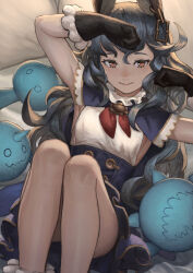 1girl absurdres animal_ears blue_hair breasts brown_eyes creature dress erune ferry_(granblue_fantasy) gloves granblue_fantasy highres knees_up konoike_(pepe_expect) long_hair lying on_back small_breasts smile solo wavy_hair