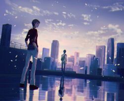 Rule 34 | 2boys, black bag, black hair, black shoes, blue sky, building, city, city lights, cityscape, cloud, cloudy sky, dappled sunlight, dress shirt, facing another, facing away, fanny pack, hands in pockets, highres, kotomeiro, light particles, looking ahead, looking to the side, male focus, morning, multiple boys, on roof, on rooftop, original, outdoors, pants, railing, reflective floor, shirt, shoes, sky, skyscraper, sleeves rolled up, sunlight, turning head, walking away, white pants, white shirt