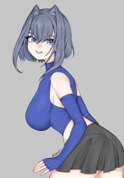 black_skirt blue_eyes blue_hair blue_shirt breasts crop_top fingerless_gloves gloves hair_intakes hololive hololive_english hsaur large_breasts midriff ouro_kronii shirt sideboob skirt