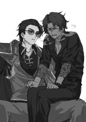2boys arm_tattoo belt chest_tattoo cigar cloud_tattoo collared_shirt coughing greyscale heathcliff_(project_moon) highres killerohan kurokumo_clan_(identity)_(project_moon) limbus_company male_focus mandarin_collar meursault_(project_moon) monochrome multiple_boys open_mouth pants project_moon shirt sitting sitting_on_leg smoke smoking tattoo thumb_(identity)_(project_moon) wristband