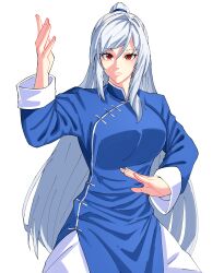 1girl absurdres blue_dress blue_sleeves changpao china_dress chinese_clothes dress fighting fighting_stance high_ponytail highres honkai:_star_rail honkai_(series) jingliu_(honkai:_star_rail) kokoro_no_koibito kung_fu long_hair long_sleeves martial_arts monk ponytail self-upload shaolin_monk solo tangzhuang training white_hair