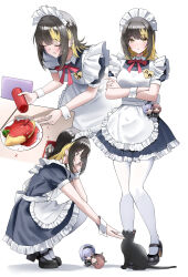 1girl absurdres alternate_costume apron black_cat black_dress black_hair black_shoes blonde_hair blush bottle cat character_doll chibigurumi commentary dress enmaided failure food frilled_apron frills highres holding holding_bottle idolmaster idolmaster_shiny_colors ikaruga_luca ikuta_haruki ketchup_bottle looking_at_animal looking_at_viewer maid maid_apron maid_headdress medium_hair multicolored_hair multiple_views name_tag omelet pantyhose patting pdal_(pdalhhh) puffy_short_sleeves puffy_sleeves shoes short_sleeves simple_background streaked_hair suzuki_hana two-tone_hair white_apron white_background white_pantyhose wrist_cuffs