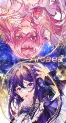 Rule 34 | 2girls, absurdres, arcaea, ascot, black bow, black bowtie, black capelet, black nails, black ribbon, bow, bow flower, bowtie, capelet, character request, check character, chinese commentary, closed mouth, commentary request, copyright name, dress, finger to mouth, flower, frilled capelet, frilled wrist cuffs, frills, hair between eyes, hair bow, hair intakes, hair ribbon, hand up, highres, hikari (arcaea), hikari (fatalis) (arcaea), jiuyujianbaishi, lips, long hair, looking at viewer, multiple girls, nail polish, parted lips, pink bow, pink eyes, pink flower, pink hair, pink rose, procreate (medium), purple eyes, purple hair, ribbon, ripples, rose, symmetry, tairitsu (arcaea), upside-down, water, white ascot, white dress, wrist cuffs