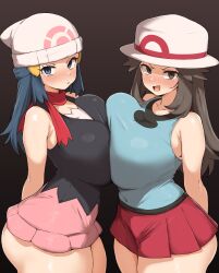 Rule 34 | 2girls, arms behind back, bare arms, beanie, black background, black eyes, black hair, black shirt, blue eyes, blue hair, blue shirt, blush, breast press, collarbone, commentary request, curvy, dawn (pokemon), hair ornament, hat, highres, leaf (pokemon), looking at viewer, multiple girls, nintendo, open mouth, parted lips, pink skirt, pokemon, pokemon dppt, pokemon frlg, red skirt, shirt, sidelocks, simple background, skirt, standing, textless version, thick thighs, thighs, v-shaped eyebrows, white hat, yamaori