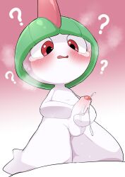 1boy ? blush commentary erection furry furry_male gen_3_pokemon green_hair male_focus male_masturbation manmosu_marimo masturbation nintendo penis pokemon pokemon_(creature) precum ralts red_eyes short_hair solo tearing_up testicles