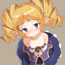 1girl archer_(disgaea) bare_shoulders blonde_hair blue_eyes blue_skirt breasts closed_mouth collarbone commentary_request detached_sleeves disgaea drill_hair grey_background highres long_sleeves looking_at_viewer looking_up nipples pointy_ears simple_background skirt small_breasts solo strapless tsudero twin_drills twintails white_sleeves
