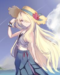 1girl blonde_hair blue_sarong blue_sky cloud commentary_request cynthia_(pokemon) cynthia_(summer_2025)_(pokemon) flower hair_over_one_eye hat hat_flower highres looking_at_viewer nintendo official_alternate_costume outdoors pokemon pokemon_masters_ex sarong siyu_mizu sky solo standing sun_hat wavy_hair yellow_hat