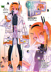 1girl a.i._voice adachi_rei belt black_sweater black_thighhighs bug butterfly cable camcorder camera character_name chromatic_aberration earbuds earphones english_text engrish_text facial_mark gloves gradient_background grey_skirt hair_ornament hair_ribbon hairclip headlamp headset heart heart_necklace highres himitsu_(iemaki) holding holding_camera insect jacket jewelry long_sleeves looking_at_viewer loose_socks multicolored_background multiple_views necklace one_side_up open_clothes open_jacket orange_background orange_belt orange_eyes orange_hair orange_socks orange_trim pleated_skirt radio_antenna ranguage ribbon shoes skirt sleeves_past_fingers sleeves_past_wrists socks song_name sparkle star_(symbol) star_facial_mark sweater thighhighs timestamp turtleneck turtleneck_sweater utau video_camera white_background white_footwear white_gloves white_jacket white_ribbon x