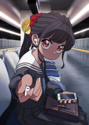 1990s_(style) 1girl absurdres airpods bag bench blue_neckerchief brown_eyes cellphone chair chromatic_aberration closed_mouth earbuds earphones earphones_removed film_grain fingernails foreshortening from_side giving hair_ornament highres holding holding_phone indoors kunitarou-art long_hair long_sleeves looking_at_viewer myaku-myaku neckerchief original phone pleated_skirt pov purple_hair reaching reaching_towards_viewer retro_artstyle sailor_collar satchel school_uniform serafuku sidelocks sitting skirt smartphone solo sweat tower_of_the_sun train_station v-shaped_eyebrows white_neckerchief wireless_earphones