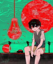 1boy :o abstract_background antenna_hair arms_between_legs black_eyes black_hair black_nails blood brown_shorts car collared_shirt colored_sclera double-parted_bangs feet_out_of_frame film_grain green_background grey_sweater_vest hair_between_eyes hashtag-only_commentary heterochromia highres kneehighs male_focus milestone_celebration motor_vehicle nail_polish no_pupils noose official_alternate_eye_color omori parted_lips power_lines psychokokuon red_eyes red_sclera shirt short_hair short_sleeves shorts simple_background sitting socks solo sunny_(omori) sweater_vest utility_pole very_short_hair white_shirt white_socks