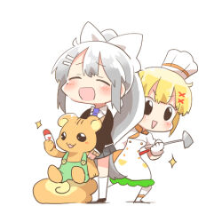 2girls :d ^_^ black_jacket blazer blonde_hair blush_stickers bow character_request chef chef_hat chibi closed_eyes collared_shirt dress gloves grey_hair grey_skirt hair_bow hair_ornament hairclip hat higuchi_kaede higuchi_kaede_(1st_costume) holding jacket lowres mole mole_under_eye multiple_girls necktie nijisanji open_clothes open_jacket open_mouth pleated_skirt ponytail purple_necktie rebecca_(keinelove) school_uniform shirt simple_background skirt smile socks sparkle standing v-shaped_eyebrows virtual_youtuber white_background white_bow white_dress white_gloves white_shirt white_socks x_hair_ornament