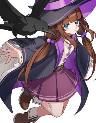 1girl bird blue_eyes brown_hair brown_shoes buttons closed_mouth crow hat highres long_hair looking_at_viewer low_twintails nijisanji purple_skirt shirt shoes simple_background skirt smile solo tsugutoku twintails white_background white_shirt wide_sleeves witch_hat yokaze_yui