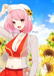 1girl bikini breasts fire_emblem fire_emblem_engage fire_emblem_heroes flat_cap flower hat highres jacket lapis_(fire_emblem) lapis_(forager_of_the_sea)_(fire_emblem) medium_breasts multicolored_bikini nintendo official_alternate_costume open_mouth pink_eyes pink_hair red_bikini see-through_clothes see-through_jacket sunflower swimsuit sylphy_fe white_hat white_jacket