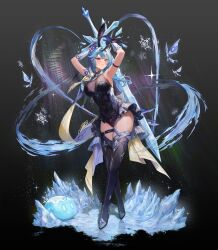1girl absurdres alternate_costume animal_ears arm_strap armpits arms_up bare_shoulders bcfma black_boots black_dress black_thighhighs blue_hair boots breasts claymore_(sword) cleavage closed_mouth commission covered_navel crossed_legs dress eula_(genshin_impact) fake_animal_ears full_body genshin_impact gloves high_heel_boots high_heels highres ice large_breasts long_hair looking_at_viewer purple_eyes rabbit_ears short_dress sleeveless sleeveless_dress slime_(genshin_impact) solo standing thigh_boots thighhighs thighs vision_(genshin_impact) watson_cross weapon weapon_on_back white_gloves