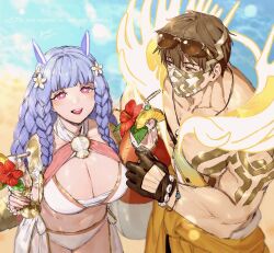 1boy 1girl 91007 :d artist_name beach bikini blue_hair blunt_bangs braid breasts brother_and_sister brown_eyes brown_gloves brown_hair cup drinking_glass drinking_straw eikthyrnir_(fire_emblem) eikthyrnir_(summer)_(fire_emblem) eyewear_on_head fire_emblem fire_emblem_heroes flower gloves hair_between_eyes hair_flower hair_ornament heidrun_(fire_emblem) heidrun_(summer)_(fire_emblem) highres holding holding_cup holding_swim_ring innertube large_breasts large_pectorals long_hair looking_at_another mask mouth_mask muscular muscular_male nintendo official_alternate_costume open_mouth pectorals red_eyes short_hair siblings smile sunglasses swim_ring swimsuit teeth twitter_username upper_teeth_only white_bikini