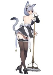 1girl 92m absurdres animal_ears ass ass_peek back back_turned bare_back black_thighhighs blue_eyes bow breasts cat_ears cat_girl cat_tail crossed_legs detached_sleeves full_body garter_straps gluteal_fold grey_hair high_heels highres holding holding_mop iwaya_ai_(92m) looking_at_viewer looking_back maid maid_headdress medium_breasts mop multicolored_eyes open_mouth original red_eyes simple_background solo standing tail tail_under_clothes teeth thighhighs upper_teeth_only white_background