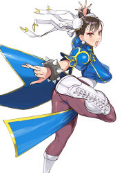 1girl black_pantyhose blue_dress breasts brown_eyes brown_hair bun_cover capcom china_dress chinese_clothes chun-li conto double_bun dress earrings eyeshadow foot_out_of_frame hair_bun highres incoming_kick jewelry looking_at_viewer makeup open_mouth pantyhose pearl_earrings pelvic_curtain pink_lips pointy_breasts puffy_short_sleeves puffy_sleeves red_eyeshadow short_sleeves simple_background solo spiked_cuffs street_fighter underbust white_background
