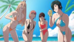 Rule 34 | 4girls, antoniomalara, beach, bikini, black one-piece swimsuit, breasts, chainsaw man, choppy bangs, cleavage, cloud, cloudy sky, collarbone, cowboy shot, demon girl, demon horns, higashiyama kobeni, highres, himeno (chainsaw man), horns, large breasts, light blush, long hair, makima (chainsaw man), micro bikini, multiple girls, navel, ocean, one-piece swimsuit, orange eyes, power (chainsaw man), short hair, sidelocks, sky, small breasts, swimsuit, upper body