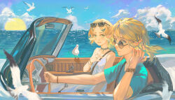 1boy 1girl aqua_shirt bird blonde_hair blue_eyes blue_sky braid car cloud cloudy_sky contemporary crown_braid dress driving eyewear_on_head green_eyes hair_ornament hairclip highres jewelry link looking_at_viewer magatama magatama_necklace motor_vehicle necklace nintendo ocean princess_zelda seagull shirt sky sleeveless sleeveless_dress sunglasses the_legend_of_zelda the_legend_of_zelda:_tears_of_the_kingdom white_dress xinghen_az