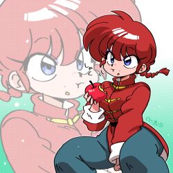 1girl apple blue_eyes braid chewing chinese_clothes eating food fruit genderswap genderswap_(mtf) hair_between_eyes pants polka_dot polka_dot_background ranma-chan ranma_1/2 red_hair saotome_ranma shirt single_braid solo tangzhuang wanta_(futoshi) zoom_layer