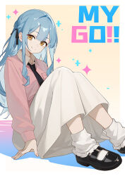 1girl azusa_hina bang_dream! bang_dream!_it&#039;s_mygo!!!!! black_necktie black_ribbon black_shoes blue_hair closed_mouth collared_shirt hair_ribbon long_hair looking_at_viewer loose_socks necktie pink_sweater ribbon shirt shoes sidelocks skirt socks solo sweater togawa_sakiko white_shirt white_skirt white_socks yellow_eyes