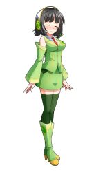 1girl :&lt; black_hair blunt_bangs blush boots breasts closed_eyes closed_mouth commentary_request dairi detached_sleeves full_body green_boots green_skirt green_thighhighs headphones headset high_heel_boots high_heels highres knee_boots kyoumachi_seika large_variant_set microphone necktie red_necktie short_hair skirt solo standing tachi-e thighhighs transparent_background variant_set voiceroid wing_collar zettai_ryouiki