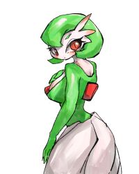 1girl blush bob_cut closed_mouth colored_skin cowboy_shot ear_blush female_focus gardevoir gen_3_pokemon green_hair green_shirt hand_on_own_chest hand_up kobi_(pixiv_110113813) looking_at_viewer looking_back nintendo pokemon pokemon_(creature) red_eyes shirt short_hair simple_background skirt slit_pupils solo standing white_background white_skin white_skirt