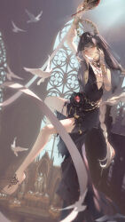 Rule 34 | 1girl, absurdres, arm up, bare legs, barefoot, bird, black dress, black veil, breasts, church, dress, foot tattoo, full body, hair ornament, hand mirror, hand up, hands up, highres, holding, holding mirror, indoors, long braid, long dress, long hair, medium breasts, meizijie, mirror, no bra, official alternate costume, plunging neckline, red eyes, reverse:1999, semmelweis (reverse:1999), sitting, sleeveless, sleeveless dress, solo, veil, very long hair, white bird, white hair, window