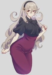 1girl alternate_costume bow breasts corrin_(female)_(fire_emblem) corrin_(fire_emblem) dress fire_emblem fire_emblem_fates hair_between_eyes hair_ornament hairband hairpin highres karashino light_brown_hair long_hair looking_at_viewer medium_breasts nail_polish nintendo pointy_ears puffy_sleeves purple_dress red_eyes red_nails smile solo wavy_hair wide_hips