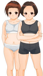 2girls arms_behind_back black_shorts black_sports_bra blush breasts brown_eyes brown_hair collarbone covered_erect_nipples crossed_arms crotch_seam dedenden_(pixiv30568724) freckles grey_panties grey_sports_bra hair_ornament hairclip looking_at_viewer medium_breasts multiple_girls navel original panties plump short_hair shorts smile sports_bra standing underwear white_background