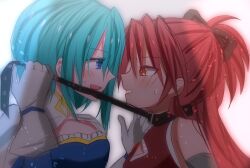 2girls blossom_magica blue_dress blue_eyes blue_hair blush dress eye_contact gloves holding holding_leash leash long_hair looking_at_another mahou_shoujo_madoka_magica mahou_shoujo_madoka_magica_(anime) miki_sayaka miki_sayaka_(magical_girl) multiple_girls open_mouth orange_eyes parted_lips red_dress red_hair sakura_kyoko sakura_kyoko_(magical_girl) sweatdrop white_background white_gloves yuri