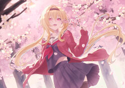 1girl ankimo_(nirudo) black_hair black_serafuku black_thighhighs blonde_hair branch cardigan cherry_blossoms commentary_request falling_petals highres holding holding_branch idolmaster idolmaster_cinderella_girls idolmaster_cinderella_girls_starlight_stage kurosaki_chitose long_hair long_sleeves midriff_peek necktie open_cardigan open_clothes outdoors petals pleated_skirt red_cardigan red_eyes red_necktie sailor_collar school_uniform serafuku skirt smile solo thighhighs very_long_hair white_sailor_collar