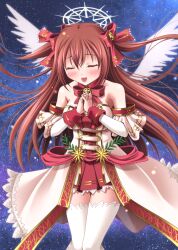 1girl bare_shoulders breasts brown_hair closed_eyes dress emil_chronicle_online hair_ribbon halo large_breasts long_hair open_mouth praying red_ribbon ribbon sky star_(sky) starry_sky stella_lore takanashi_tsukasa thighhighs white_dress white_thighhighs white_wings wings
