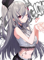 Rule 34 | 1girl, ;o, absurdres, bare shoulders, belt, black belt, black bow, black nails, black pants, blowing kiss, bow, breasts, chain, commentary request, crop top, cropped shirt, crossed bangs, crown hair ornament, deshihayashi18, diamond earrings, earrings, from side, graffiti, grey hair, hair between eyes, hair bow, hands up, heart, high collar, highres, hololive, hololive dev is, isaki riona, jacket, jewelry, long hair, looking at viewer, medium breasts, nail polish, navel, navel piercing, one eye closed, one side up, own hands together, pants, piercing, red eyes, shirt, single earring, solo, very long hair, virtual youtuber, white background, white shirt