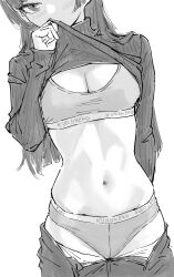 Rule 34 | 1girl, blush, breasts, clothes lift, cowboy shot, gokou ruri, greyscale, highres, lifting own clothes, long hair, looking at viewer, monochrome, navel, ore no imouto ga konna ni kawaii wake ga nai, panties, rhinth, shirt lift, simple background, sketch, skindentation, small breasts, solo, sports bra, stomach, sweater, turtleneck, turtleneck sweater, underwear, white background