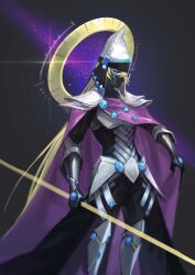 1boy absurdres armor armored_boots black_background black_bodysuit black_gloves black_mask blonde_hair blue_eyes blue_gemstone bodysuit boots breastplate cape cape_hold couter covered_mouth duel_monster expressionless faulds feet_out_of_frame fishfall gem glint gloves hair_between_eyes halo halo_behind_head hat highres holding holding_staff long_hair looking_ahead male_focus mask mechanical_halo mouth_mask pinstripe_pattern profile purple_cape shoulder_armor solo staff standing stargazer_magician thigh_boots vambraces very_long_hair waist_cape white_hat wizard_hat yu-gi-oh! yu-gi-oh!_arc-v
