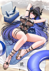 1girl arm_strap armpits arms_behind_head asymmetrical_horns ball beach beachball black_hair black_one-piece_swimsuit blue_hair braid breasts colored_inner_hair commentary cooler day flower full_body high_ponytail highres hololive hololive_english holonatsu_paradise horn_flower horns ice jailbird_(nerissa_ravencroft) landacdeus large_breasts long_hair looking_at_viewer lying mole mole_under_eye multicolored_hair nerissa_ravencroft nerissa_ravencroft_(holonatsu_paradise) o-ring o-ring_thigh_strap official_alternate_costume official_alternate_hairstyle on_back one-piece_swimsuit open_mouth outdoors platform_sandals ponytail purple_eyes romaji_commentary sandals side_braid sidelocks single_braid slit_pupils solo straight_hair swimsuit thigh_strap uneven_horns very_long_hair virtual_youtuber wide_ponytail