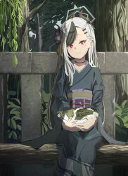 1girl absurdres aoiromya black_hair black_horns black_kimono blue_archive cat closed_mouth commentary_request demon_horns ear_piercing flower forest grey_hair hair_flower hair_ornament hairclip halo head_tilt highres horns japanese_clothes kayoko_(blue_archive) kayoko_(new_year)_(blue_archive) kimono long_hair long_sleeves nature official_alternate_costume official_alternate_hairstyle outdoors piercing sitting solo
