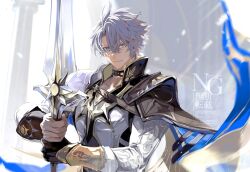 Rule 34 | 1boy, antenna hair, armor, black choker, black gloves, black shirt, blue cape, blue eyes, cape, choker, coat, commentary request, fingerless gloves, floating cape, gloves, highres, holding, holding sword, holding weapon, honkai: star rail, honkai (series), looking at viewer, male focus, mori morii, parted bangs, pauldrons, phainon (honkai: star rail), shirt, short hair, shoulder armor, single glove, single pauldron, solo, sword, watermark, weapon, white coat, white hair