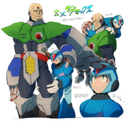 Rule 34 | 2boys, android, armor, blue armor, borezet, carrying over shoulder, headpat, height difference, looking up, mega man (series), mega man x (series), multiple boys, sigma (mega man), size difference, translation request, x (mega man)