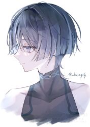 Rule 34 | 1boy, absurdres, black bodysuit, black hair, blunt ends, bodysuit, closed mouth, covered collarbone, cropped torso, eyelashes, eyeliner, eyeshadow, genshin impact, half-closed eyes, highres, kurage 67, looking to the side, makeup, male focus, mandarin collar, purple eyes, red eyeliner, red eyeshadow, scaramouche (genshin impact), sideways mouth, solo, twitter username, wanderer (genshin impact), watermark, white background, wispy bangs