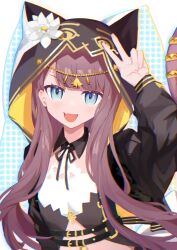 1girl :d ankh arknights arm_up axiuya black_jacket black_ribbon blue_eyes brown_hair chinese_commentary chromatic_aberration commentary_request ear_piercing fang flower gold hair_behind_ear head_chain highres jacket jewelry long_hair long_sleeves looking_at_viewer making-of_available neck_ribbon open_clothes open_jacket open_mouth pepe_(arknights) piercing procreate_(medium) ribbon skin_fang smile solo two-sided_fabric two-sided_jacket upper_body v v_over_head white_flower yellow_jacket