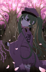 Rule 34 | 1girl, absurdres, alternate hair color, blush, cherry blossoms, closed mouth, commentary, eyeshadow, falling petals, from behind, gloves, gohei, green hair, half gloves, hat, hatsune miku, hatsune miku (ichi no sakura oka), highres, holding, holding gohei, japanese clothes, long hair, looking at viewer, makeup, military, military uniform, nemo 81612100, oonusa, peaked cap, petals, pleated skirt, purple eyes, purple eyeshadow, senbon-zakura (vocaloid), skirt, smile, solo, thighhighs, twintails, very long hair, vocaloid, wide sleeves, zettai ryouiki