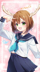 1girl antlers aqua_neckerchief blue_sailor_collar blue_skirt brown_hair commentary_request deer_antlers deer_girl green_eyes hand_up highres hiragana_sherry horns looking_at_viewer midriff_peek neckerchief open_mouth sailor_collar school_uniform serafuku shikanoko_noko shikanoko_nokonoko_koshitantan skirt solo translation_request v