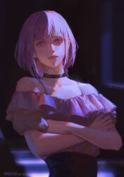 1girl absurdres bang_dream! bang_dream!_it&#039;s_mygo!!!!! black_choker choker commentary english_commentary frilled_shirt frills grey_shirt highres looking_at_viewer migaloo off-shoulder_shirt off_shoulder pink_eyes purple_hair shirt short_hair short_sleeves solo yuutenji_nyamu