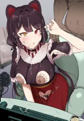 Rule 34 | 1boy, 1girl, absurdres, animal ears, armpit cutout, armpit hair, black hair, black kimono, body writing, breasts, chair, clothing cutout, crotch cutout, cum, cum in container, cum in cup, cum on clothes, dark nipples, dog ears, female pubic hair, hakama, hetero, heterochromia, highres, inui toko, japanese clothes, kimono, large breasts, livestream, microphone, mind control, nijisanji, nipple cutout, nipples, on chair, pubic hair, punipunitoufu, red eyes, red hakama, sitting, stray pubic hair, virtual youtuber, yellow eyes