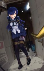 1girl absurdres arms_behind_back black_pantyhose black_shoes blue_hair blue_jacket blue_necktie blue_skirt blurry blurry_background bound bound_arms bound_thighs breasts brown_eyes cad_(caddo) collared_shirt commentary commission diagonal-striped_clothes diagonal-striped_necktie english_commentary full_body glint highres idolmaster idolmaster_(classic) indoors jacket kisaragi_chihaya long_hair long_sleeves necktie open_clothes open_jacket open_mouth pantyhose pleated_skirt rope second-party_source sex_toy shirt shoes skirt solo standing striped_clothes sweatdrop tape vibrator vibrator_cord vibrator_under_clothes walking white_shirt