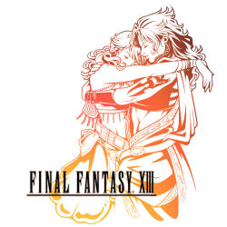 2girls amano_yoshitaka_(style) arm_markings bangle bare_shoulders bold-lady-boss bracelet closed_eyes copyright_logo copyright_name couple cropped_legs english_text fanille final_fantasy final_fantasy_viii final_fantasy_xiii hand_on_another&#039;s_shoulder heads_together hug jewelry logo_parody markings midriff multiple_girls oerba_dia_vanille oerba_yun_fang parody simple_background smile style_parody yuri